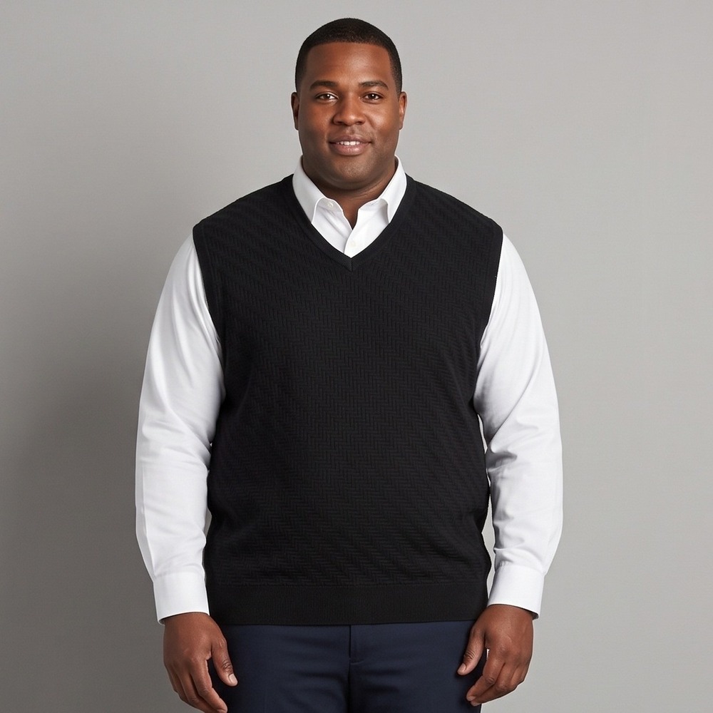 Roundtree & Yorke Mens 2XB Black Sweater Vest V-Neck Textured Cotton Knit